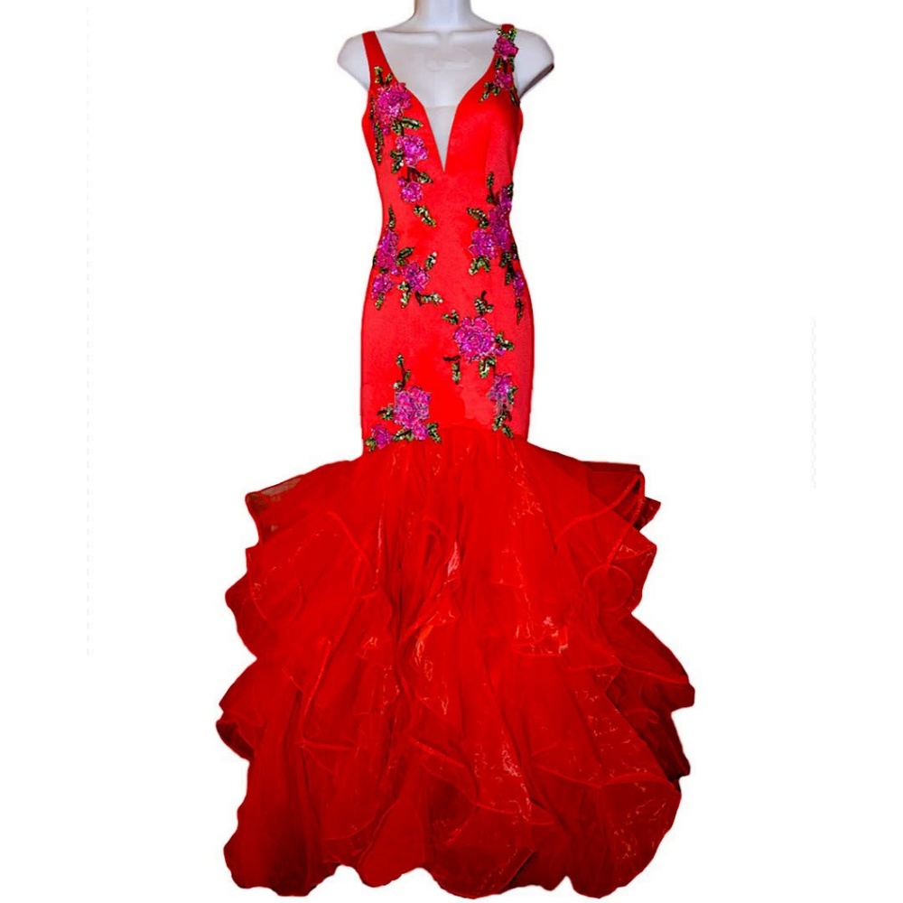 Striking Red MORI LEE Tulle Meemaid Frills Prom Gown Sz 4